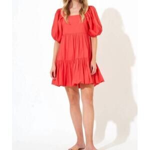 Oliphant bubble puff sleeve mini Dress Coral Cotton Vacation Sz M